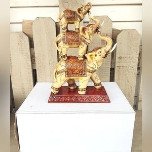 Three Stacked Ivory Color Elephants Figurine Statue Trunk Up Good Luck Polyresin